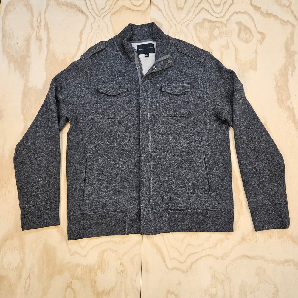 Banana Republic Mens XL Gray Wool Blend Military Field Jacket Full Zip Sweater